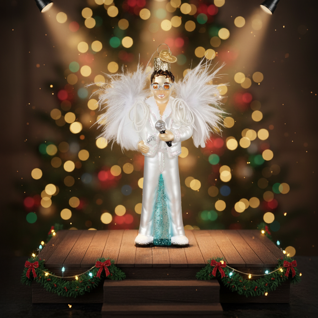 Person in a festive costume on a stage with Christmas lights in the background
