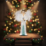 Person in a festive costume on a stage with Christmas lights in the background