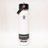White Hydro Flask water bottle with black lid on a white background
