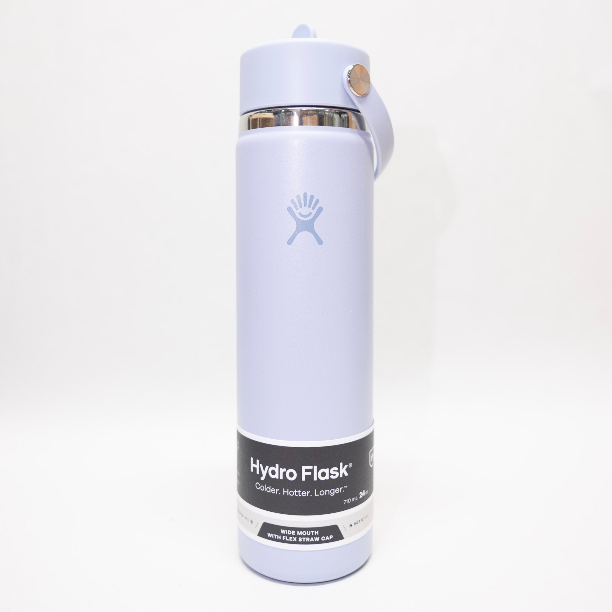 Hydro Flask water bottle with blue lid on a light gray background