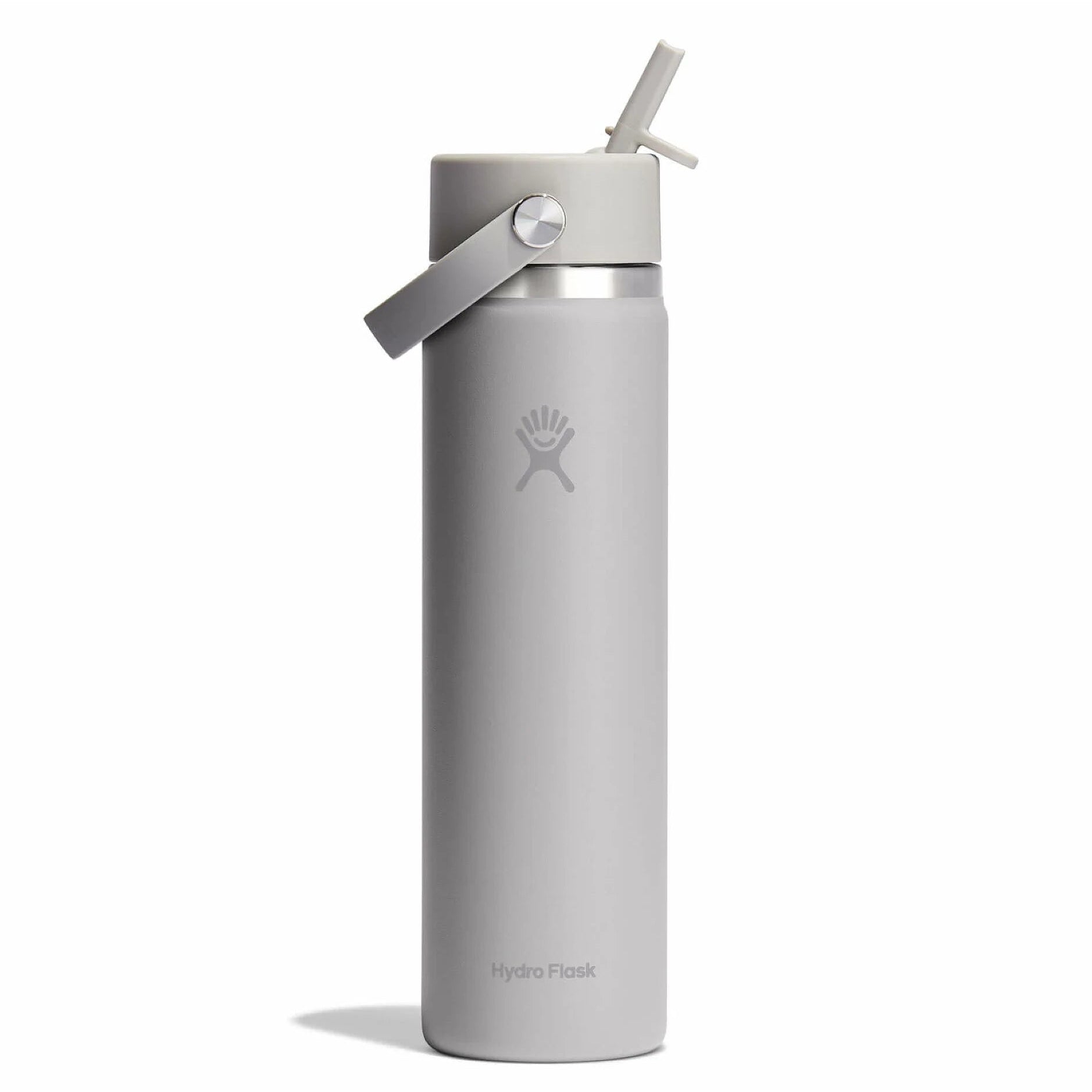Gray water bottle with straw lid on a white background