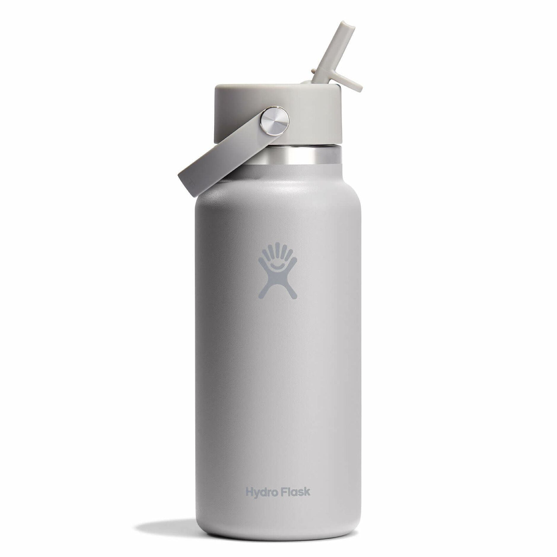 Gray Hydro Flask water bottle with straw lid on a white background