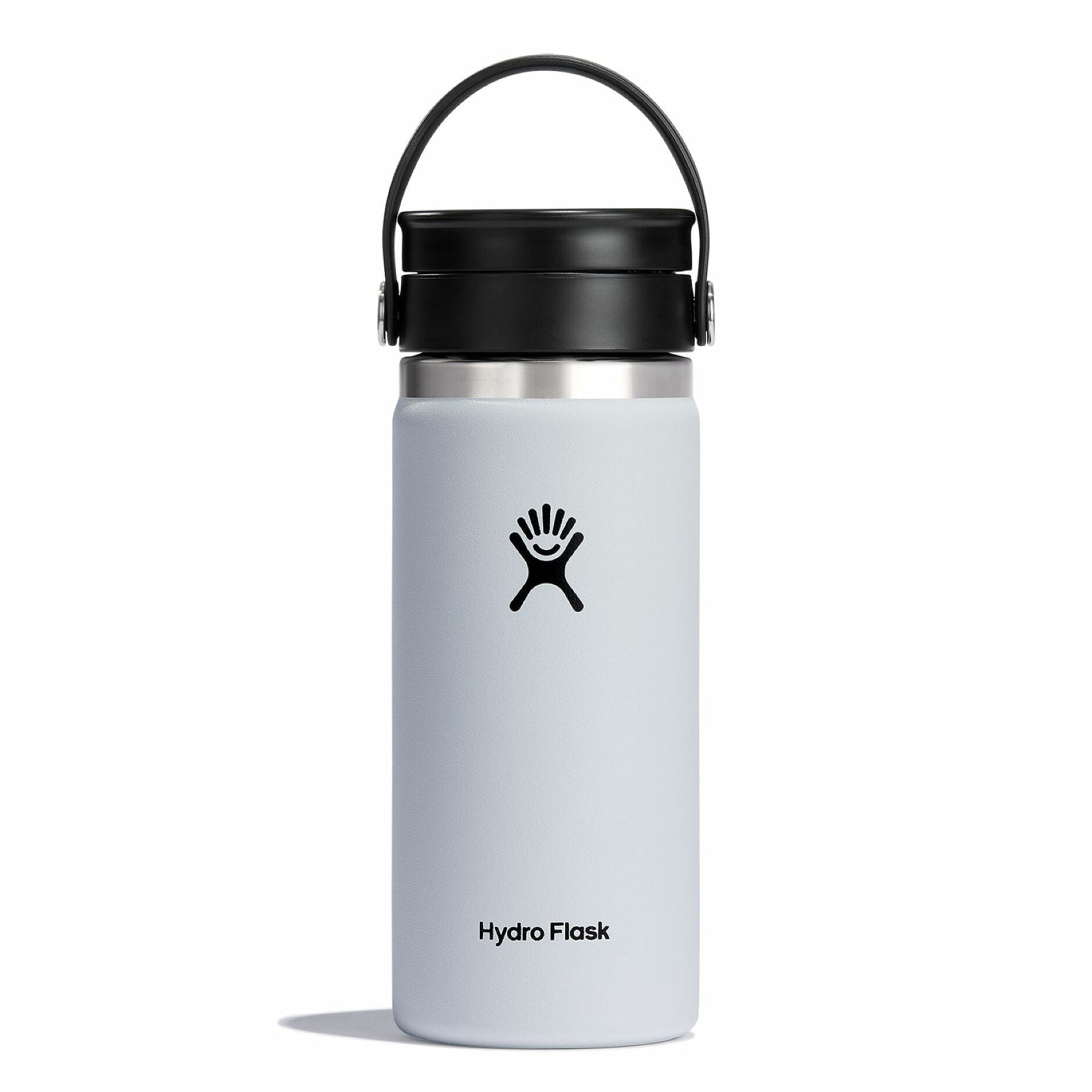 White Hydro Flask water bottle with black lid on a white background