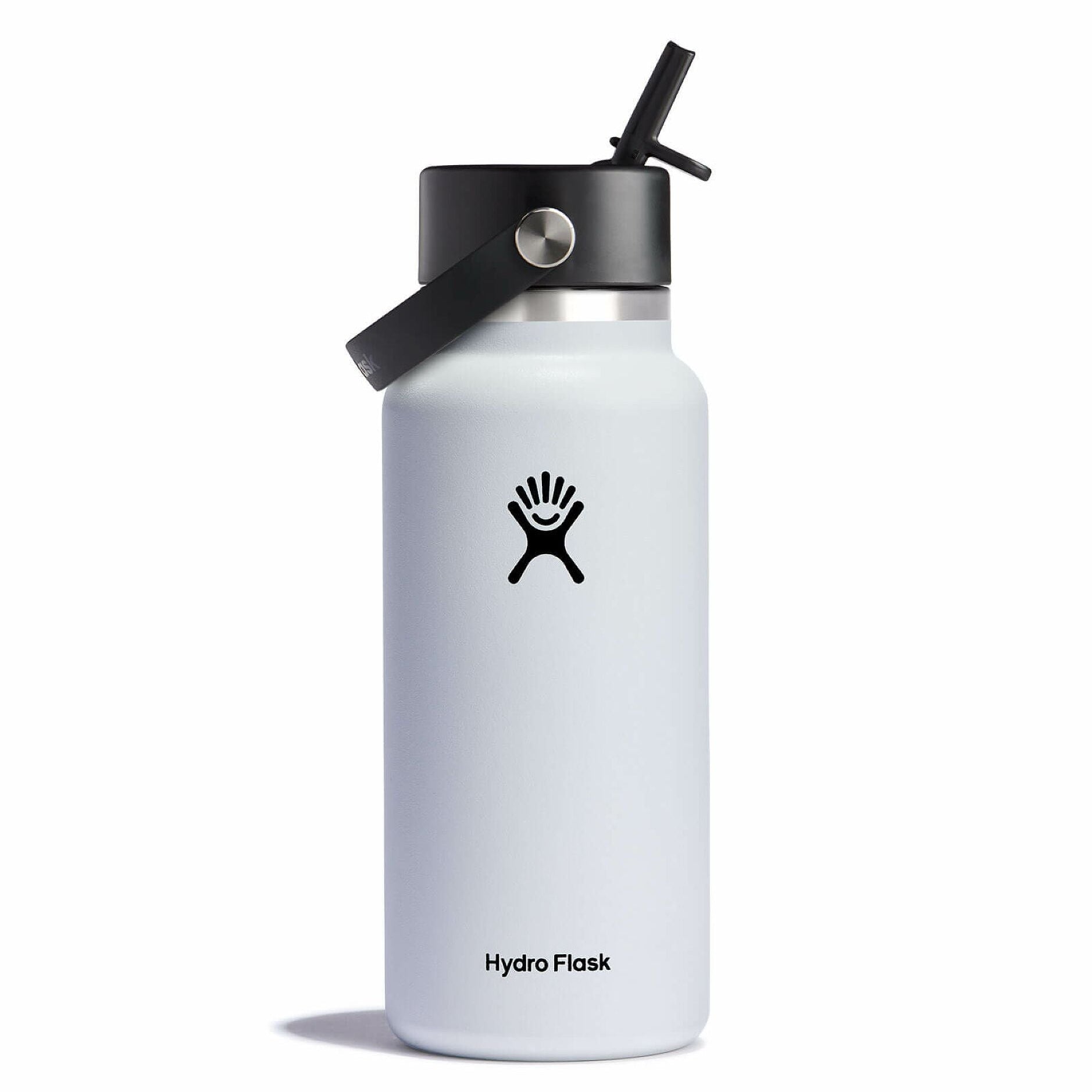 White Hydro Flask water bottle with black lid on a white background