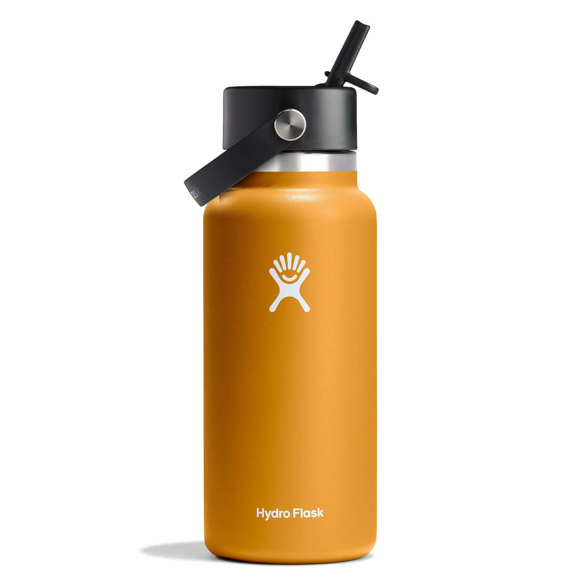 Orange Hydro Flask water bottle with black lid on a white background