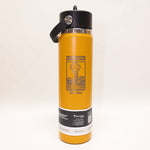 Yellow water bottle with black lid and graphic design on a white background