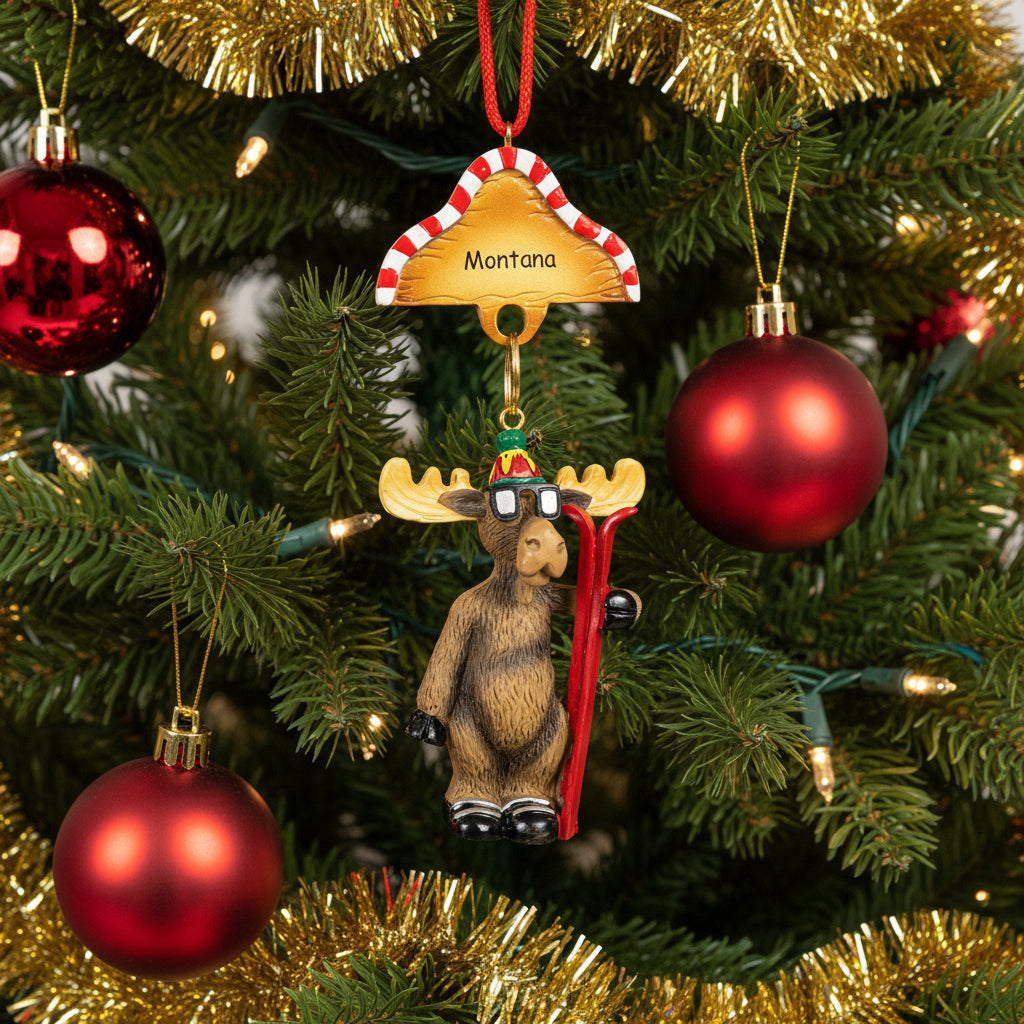 Moose ornament with skis and 'Montana' hat on a white background