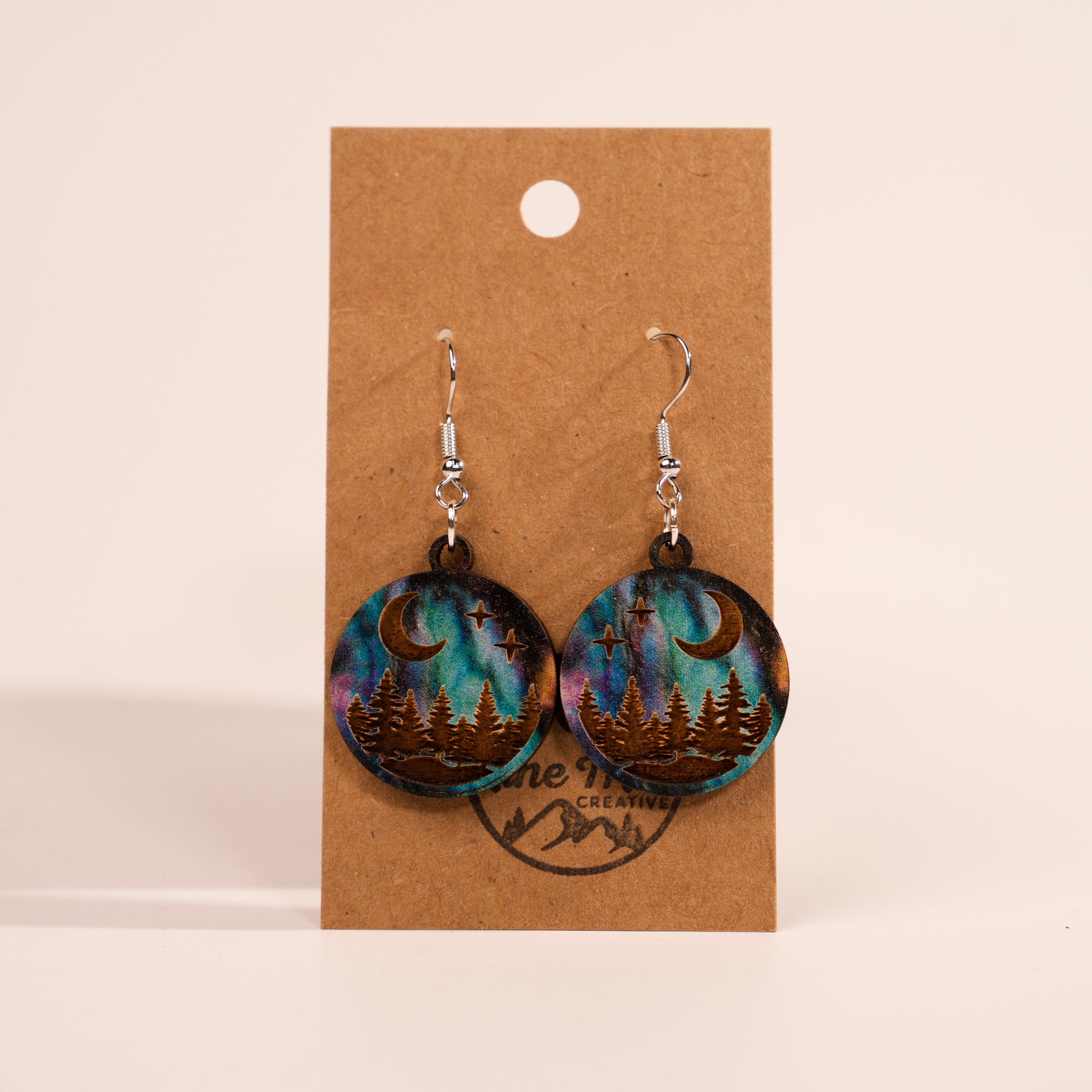 Aurora Moon and Stars Engraved Forest Earrings by Nine Mile Creative