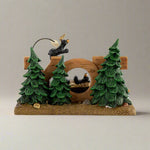 Decorative scene with trees and a wooden arch on a white background