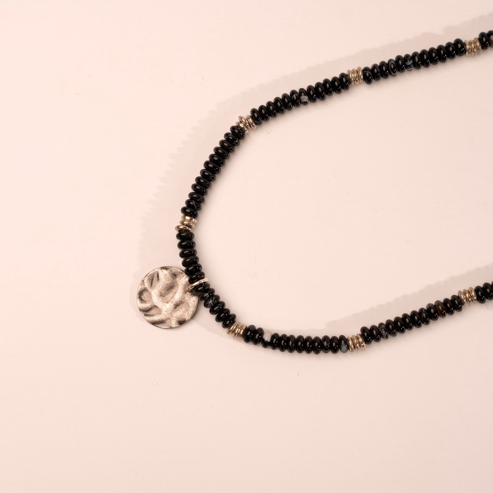 Black Sardonyx and Silver Pendant Gemstone Necklace - close up