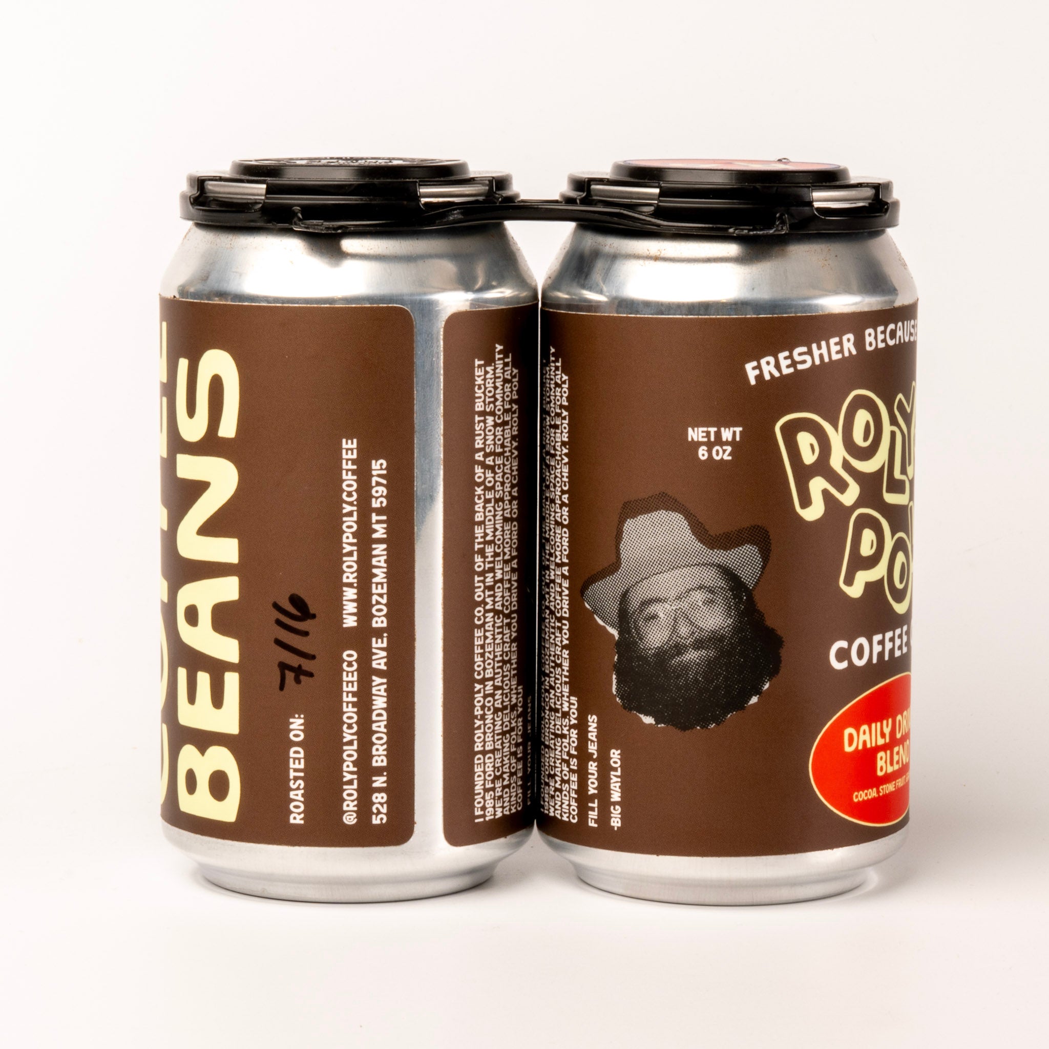 Two cans of Roly Poly Coffee on a white background