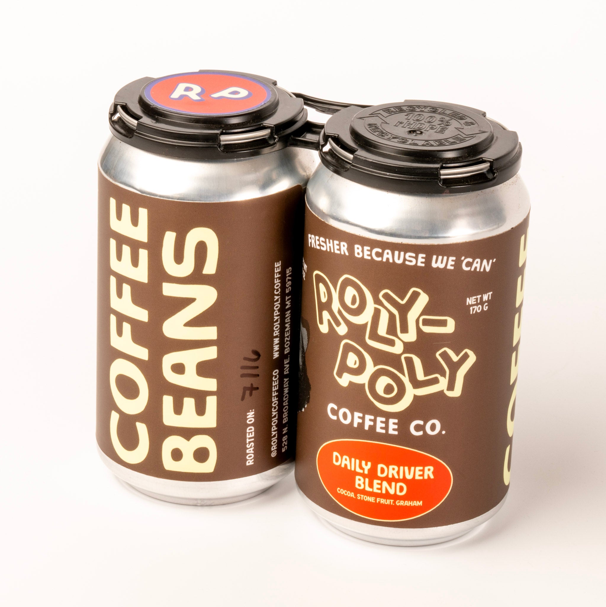 Two cans of Roly-Poly Coffee Co. coffee beans on a white background