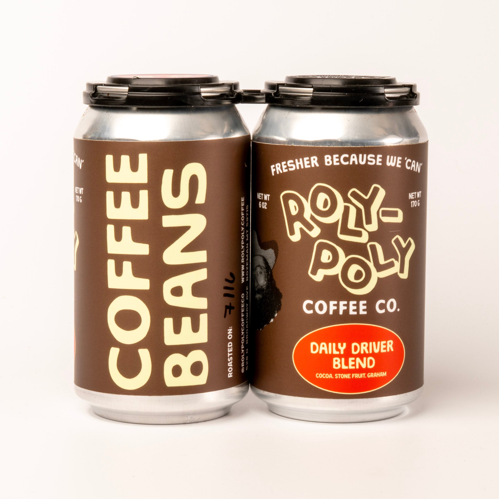 Two cans of Roly-Poly Coffee Co. coffee beans on a white background