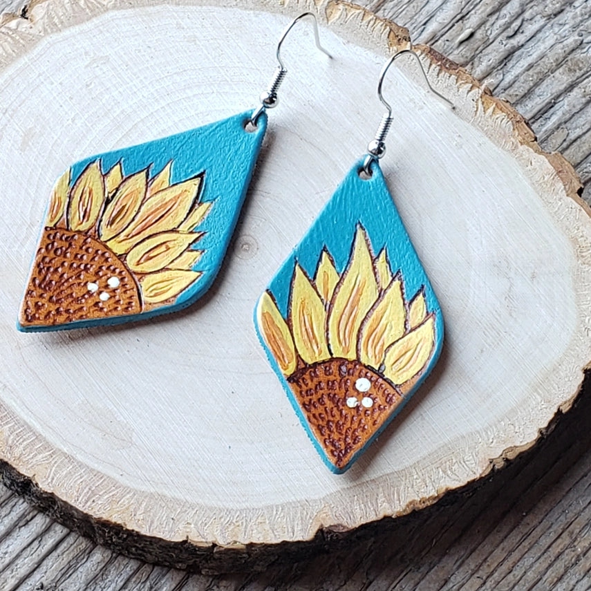 Deep Teal Gold Sunflower Leather Earrings by Uniquely Yours Montana