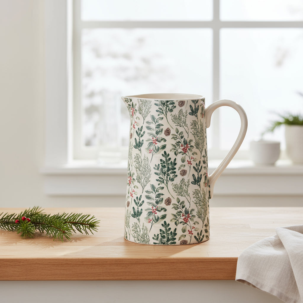 Decorative ceramic pitcher with floral pattern on a white background