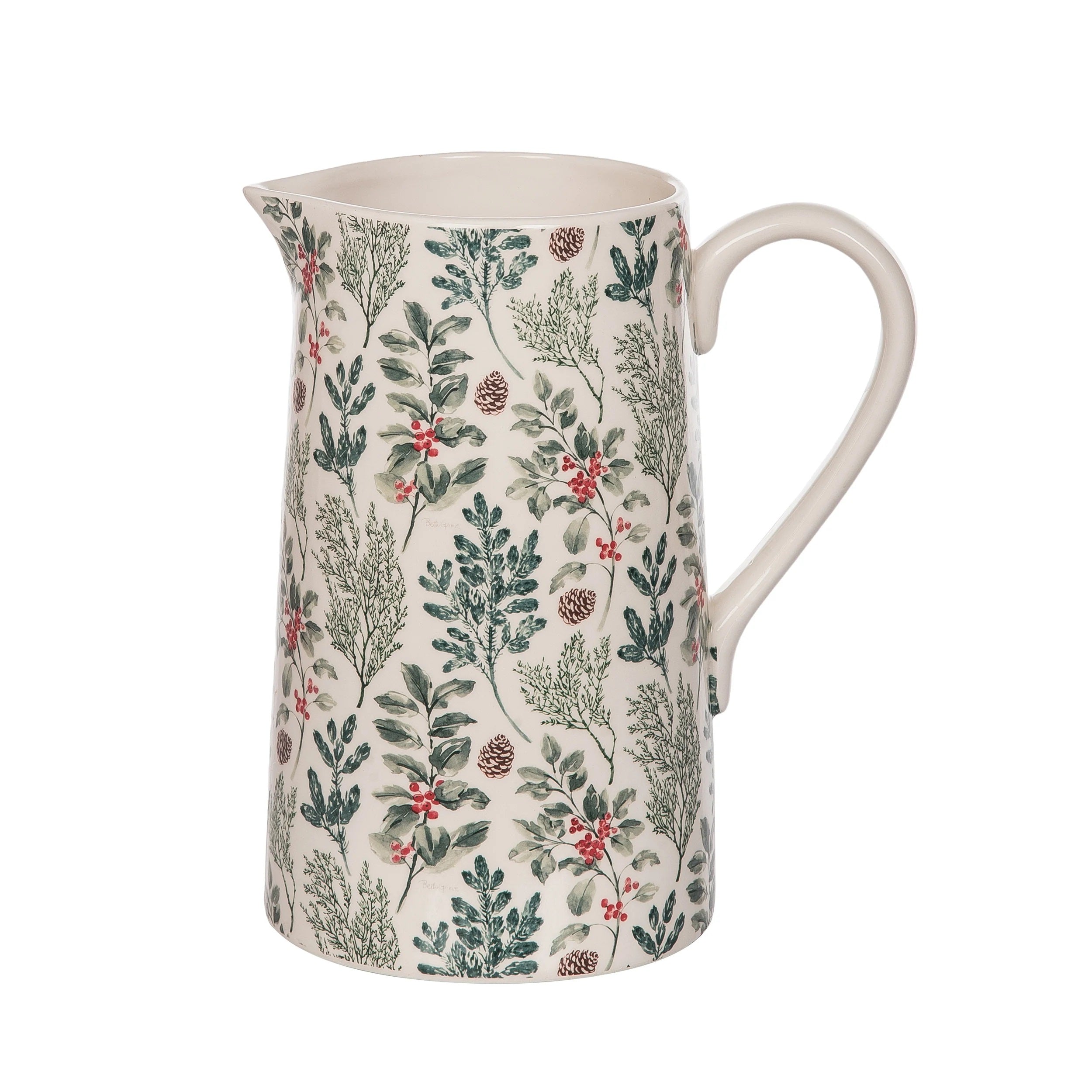 Decorative ceramic pitcher with floral pattern on a white background