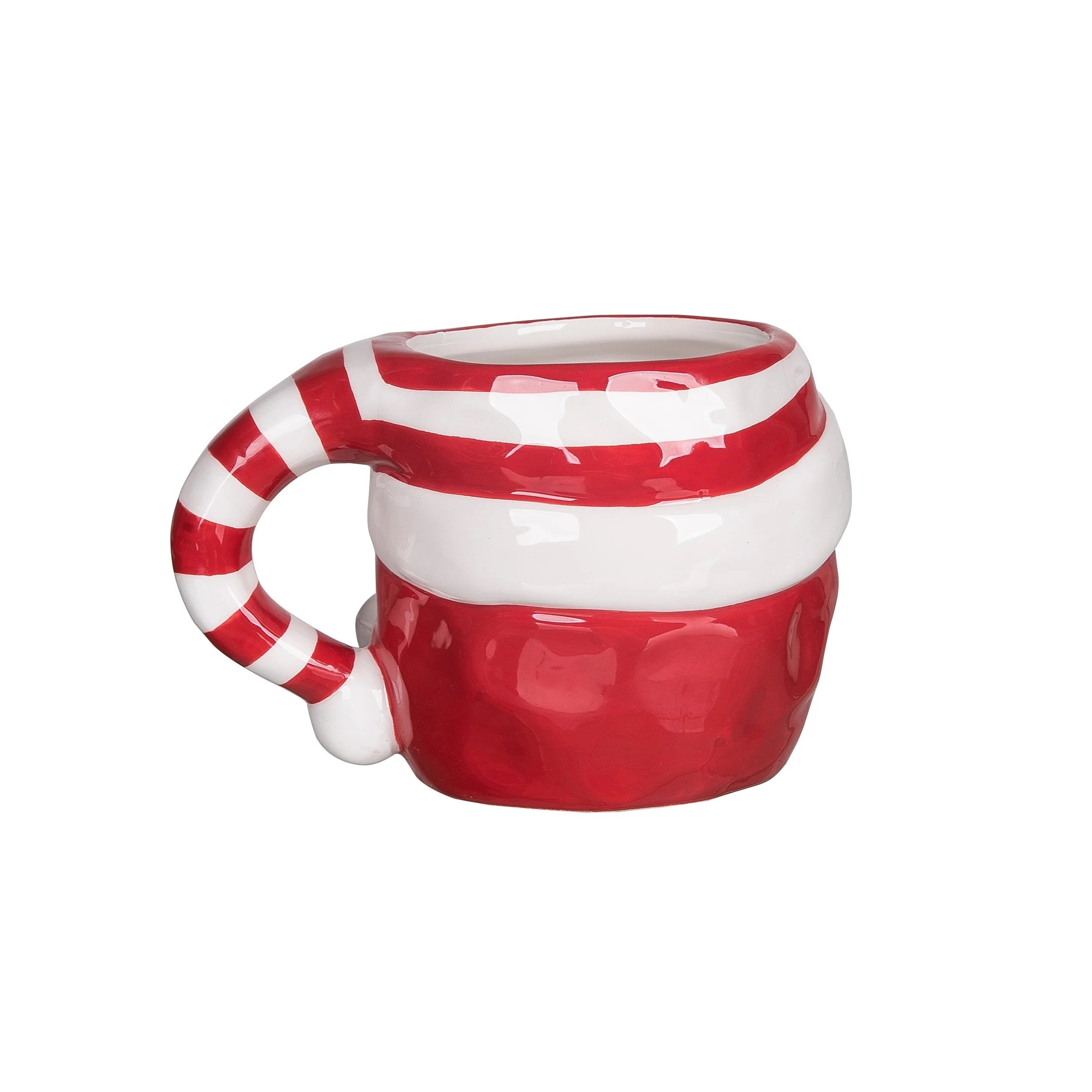 Red and white striped mug with candy cane handle on a white background