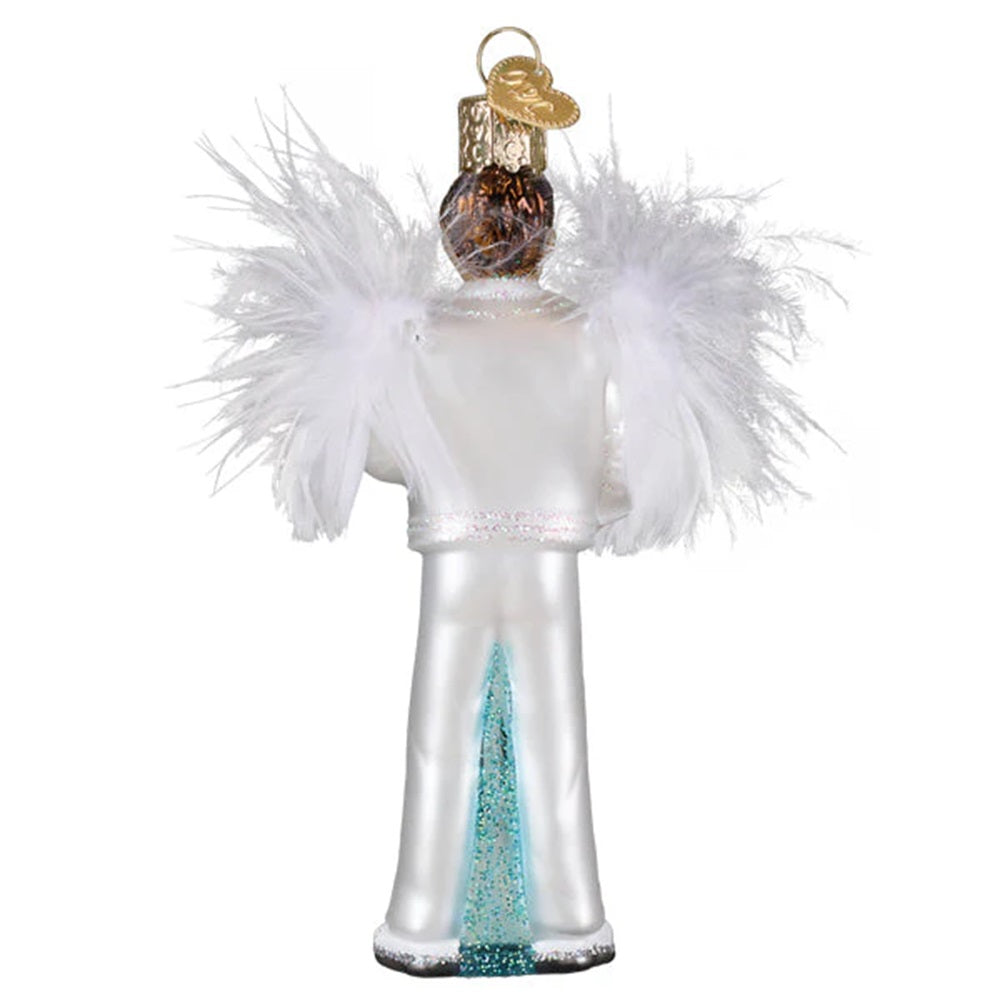 Decorative angel ornament with white feathers and a blue base on a white background