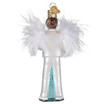 Decorative angel ornament with white feathers and a blue base on a white background