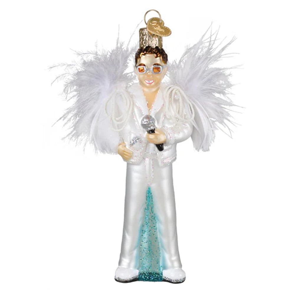 Decorative ornament of a performer in a white outfit with a microphone on a white background