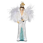 Decorative ornament of a performer in a white outfit with a microphone on a white background