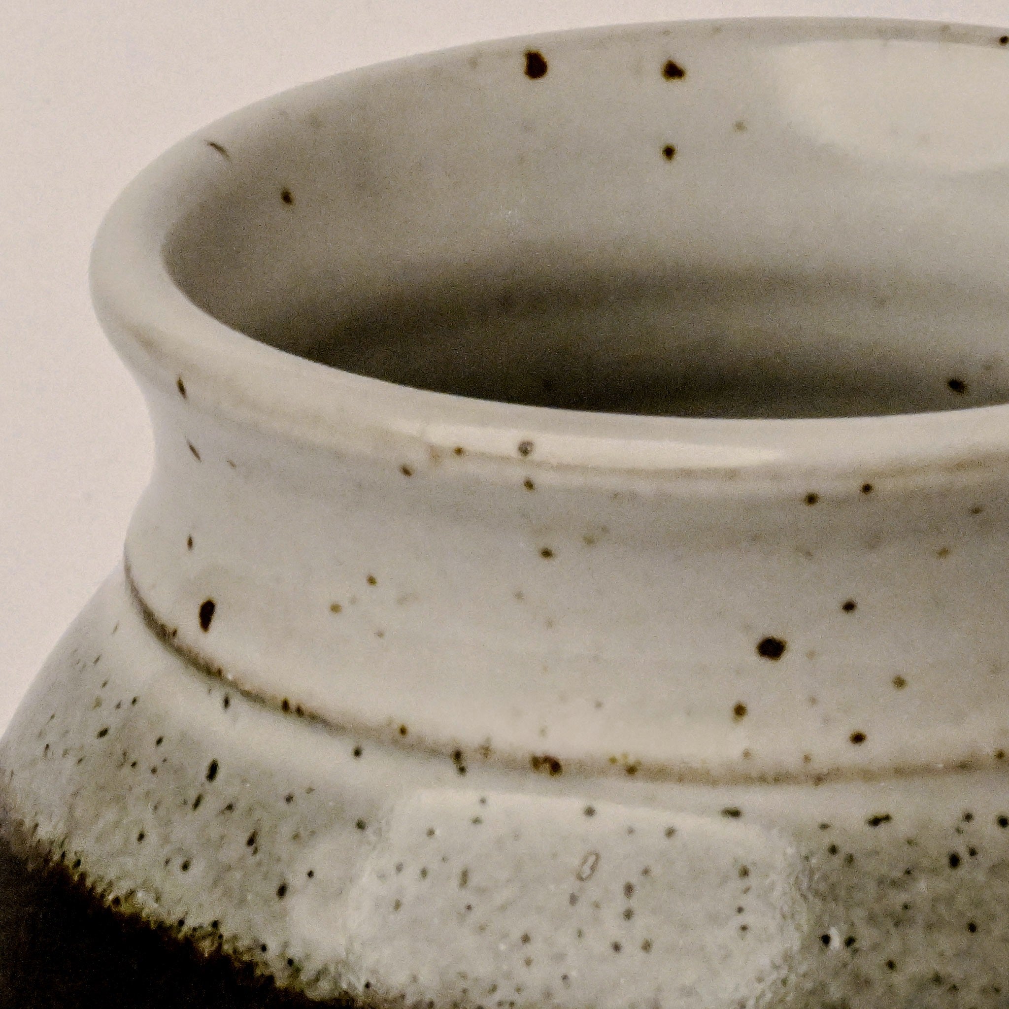 Close-up of a ceramic pot with speckled texture on a beige background