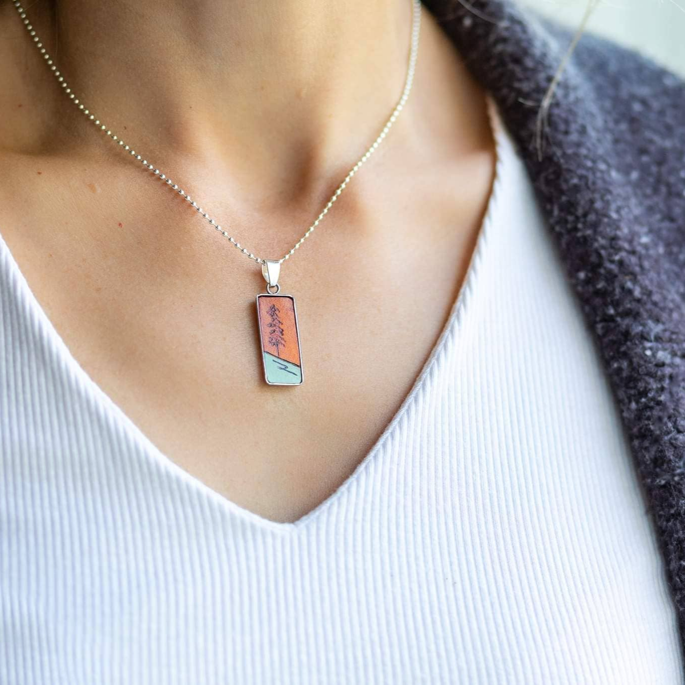 Forest Green Pines Leather Silver Necklace