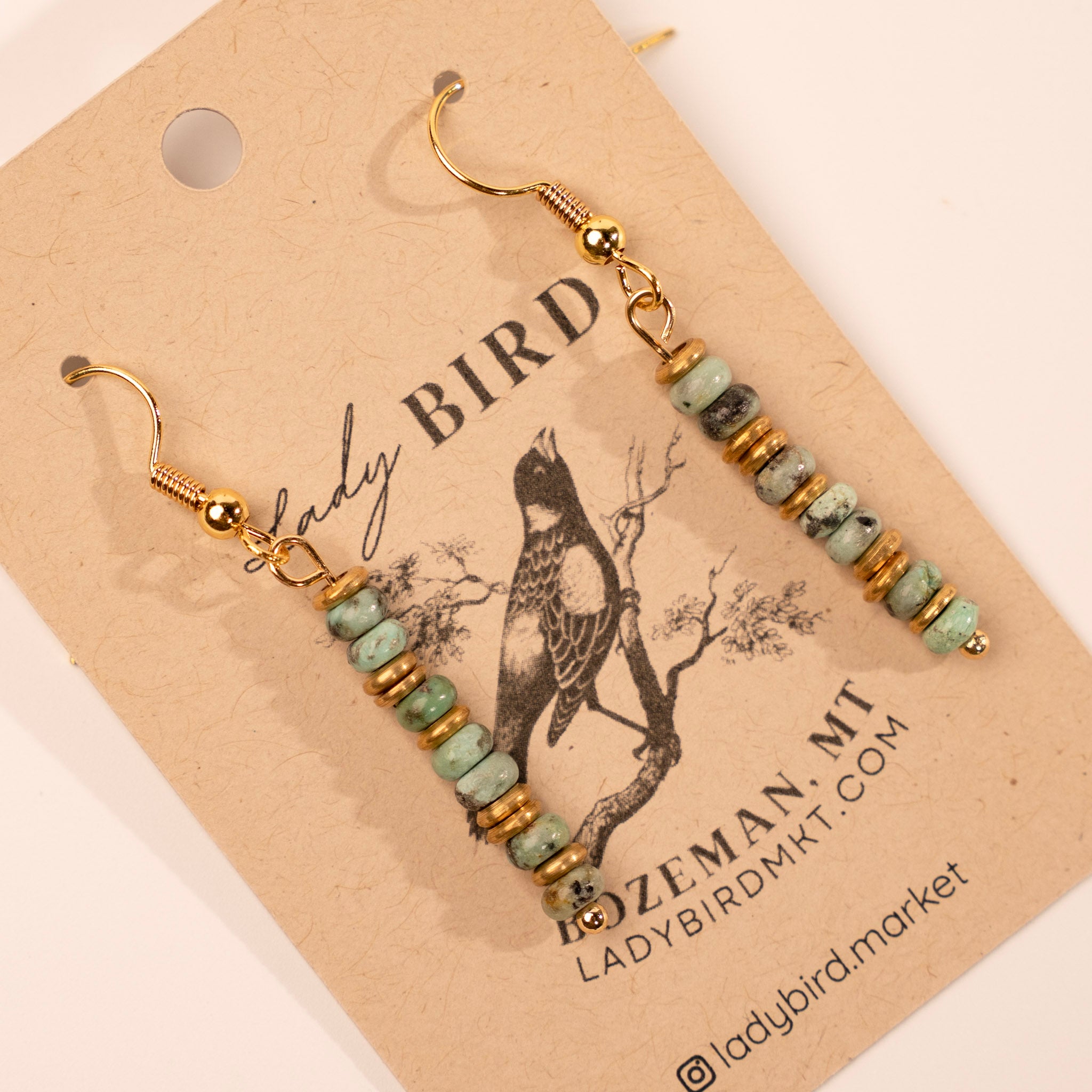 Gold African Turquoise Dangle Gemstone Earrings - close up