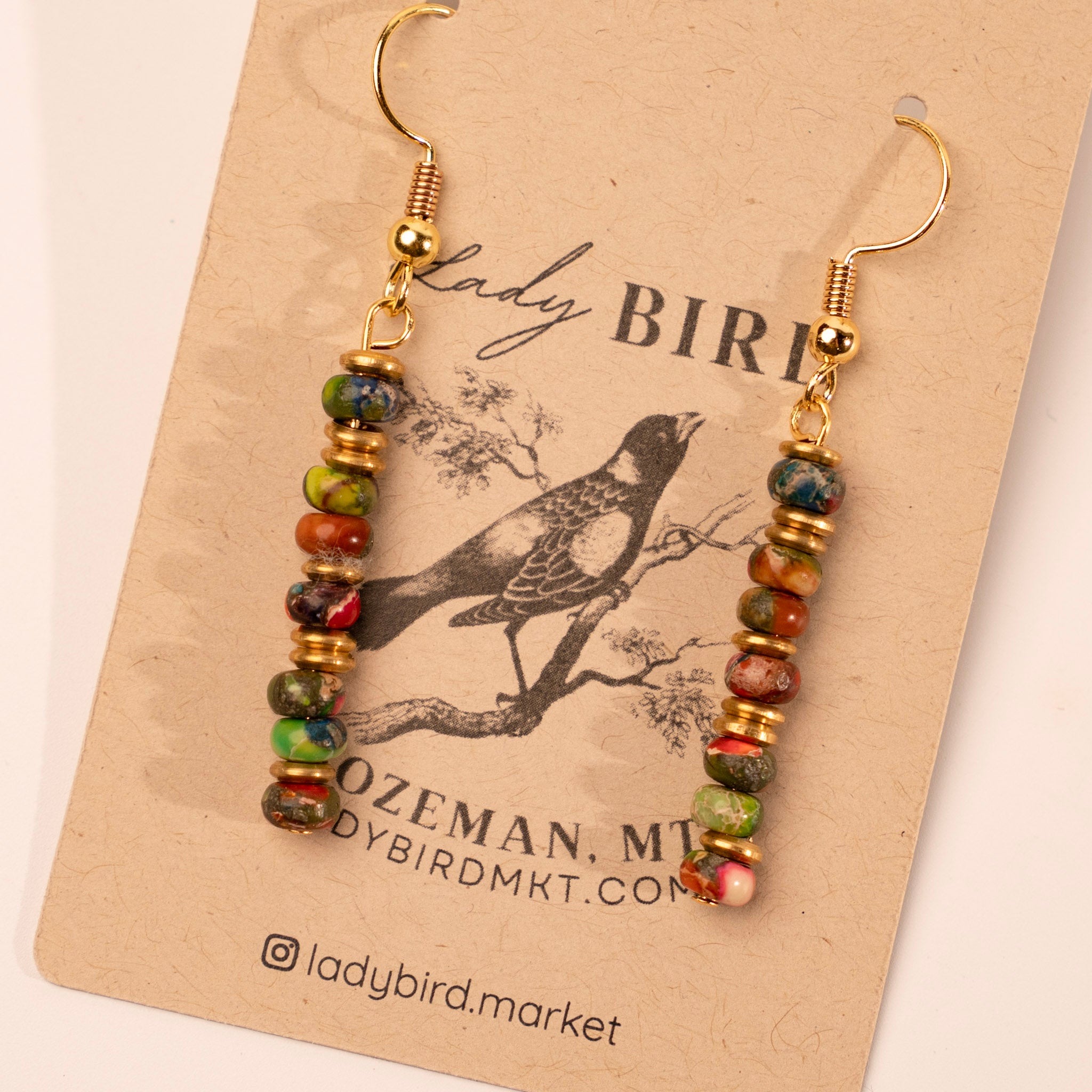 Gold Imperial Jasper Dangle Gemstone Earrings - close up