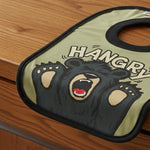 Bib with bear graphic and 'HANGRY' text on a green background