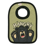 children's bib featuring a design of a black bear and the words hangry