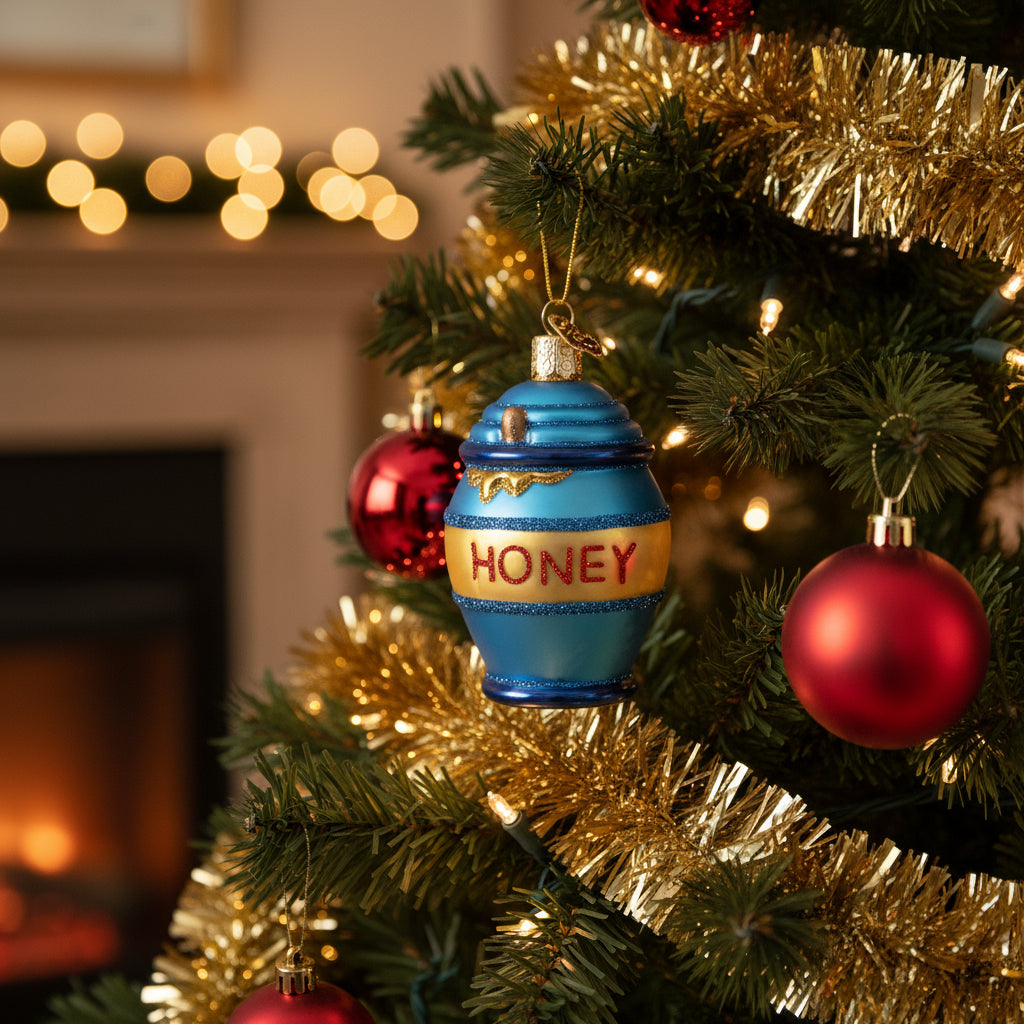Decorative glass ornament shaped like a honey jar with 'HONEY' text on a white background