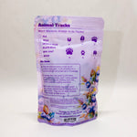 Purple packaging with text and illustrations on a white background