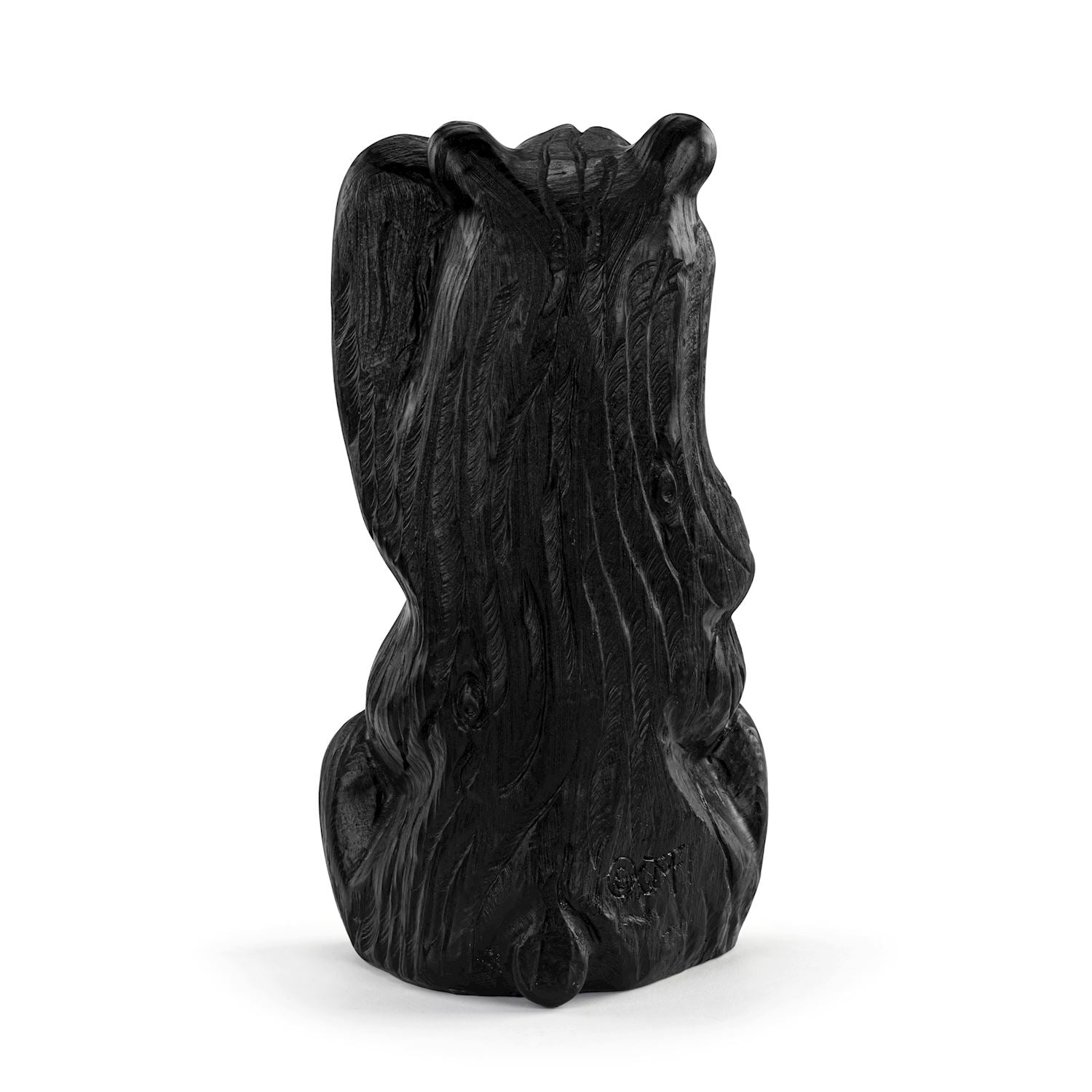 Black resin sculpture of a bear on a white background