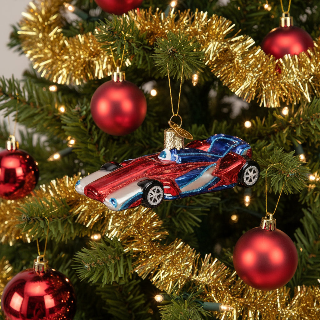Glass ornament of a red and blue race car on a white background