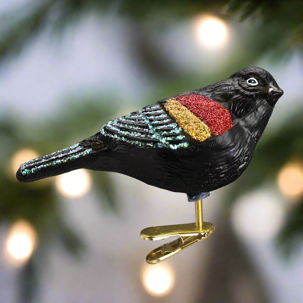 Red-Winged Black Bird Glass Christmas Ornament