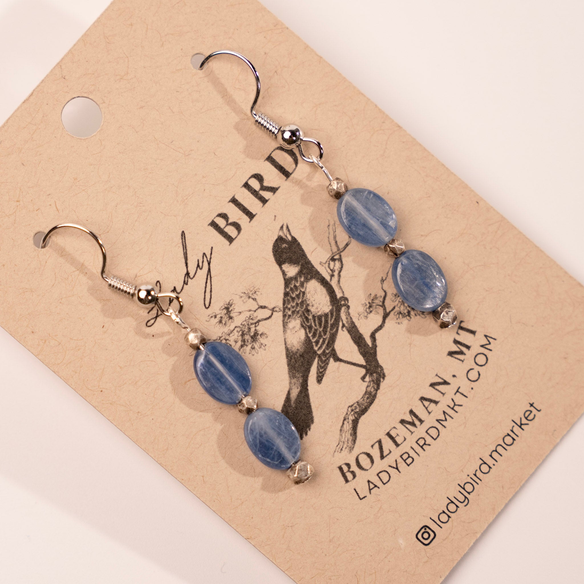 Silver Kyanite Dangle Gemstone Earrings - close up