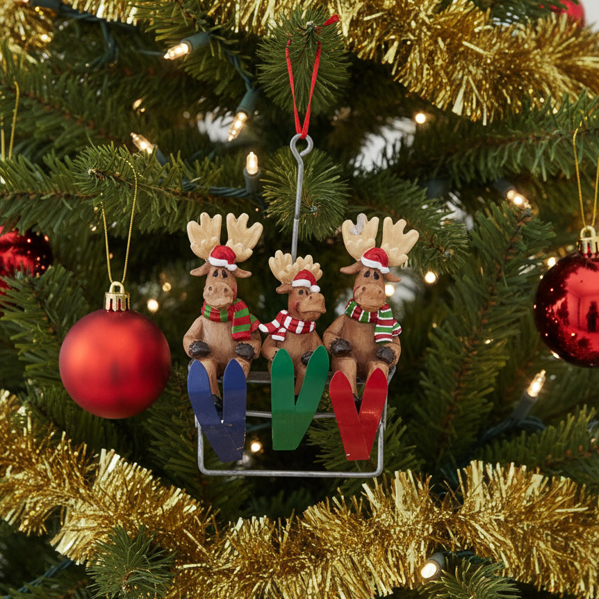 Three moose Christmas ornaments on a sled with colorful skis on a white background