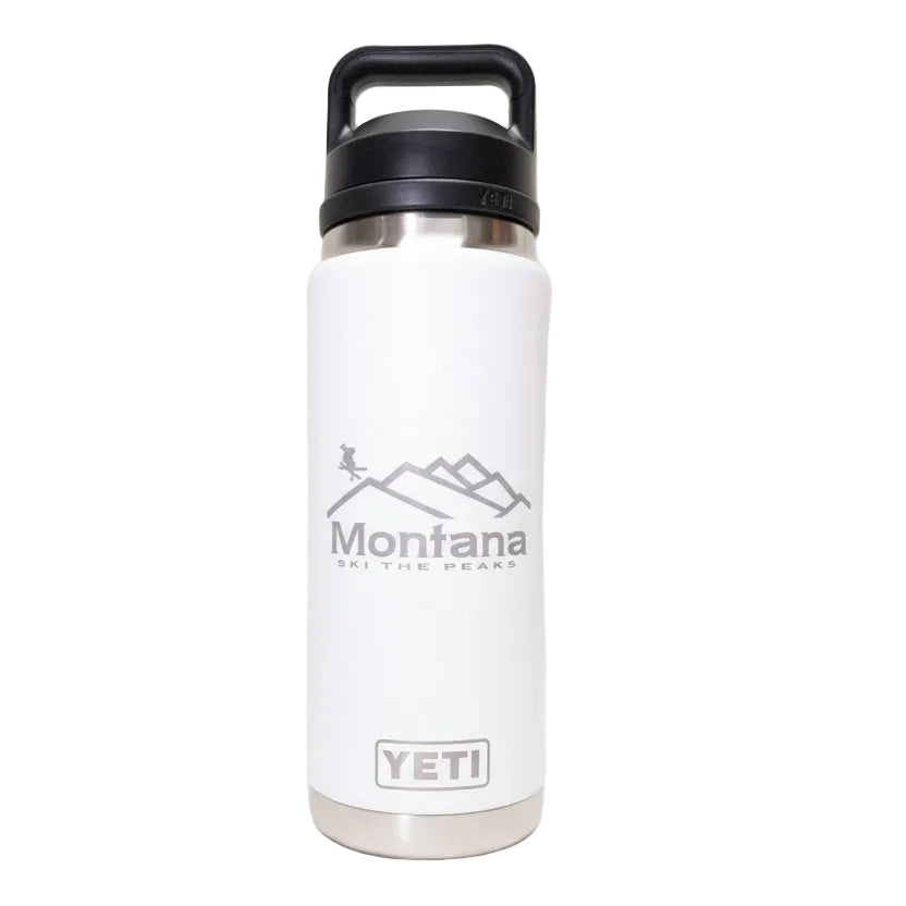 Ski Peaks White Engraved YETI Rambler 26 oz Bottle with Chug Cap