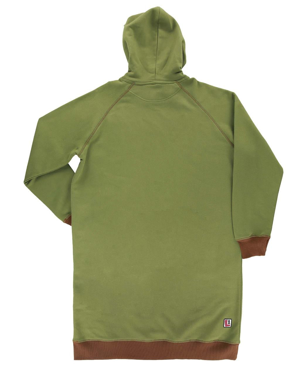 Green hoodie with brown accents on a white background