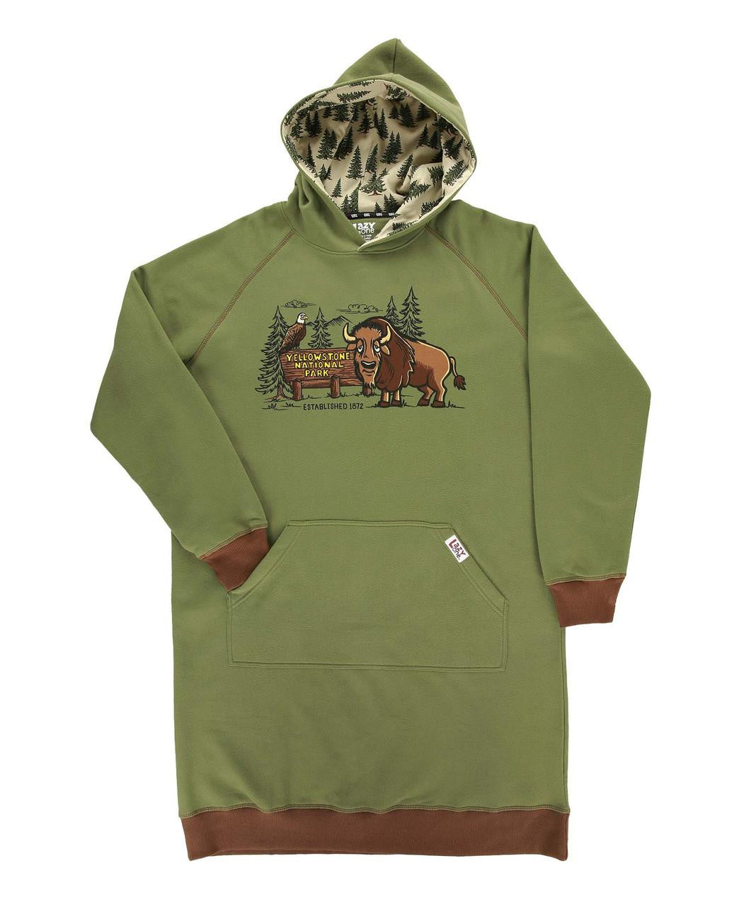 Green hoodie with bison graphic on a white background