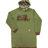 Green hoodie with bison graphic on a white background