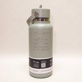 Gray water bottle with 'It's All Good in the Woods' text and mountain design on a white background