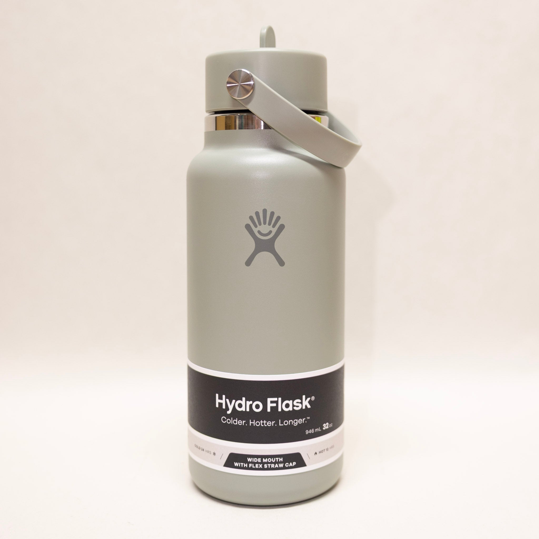 Hydro Flask water bottle with gray cap on a white background