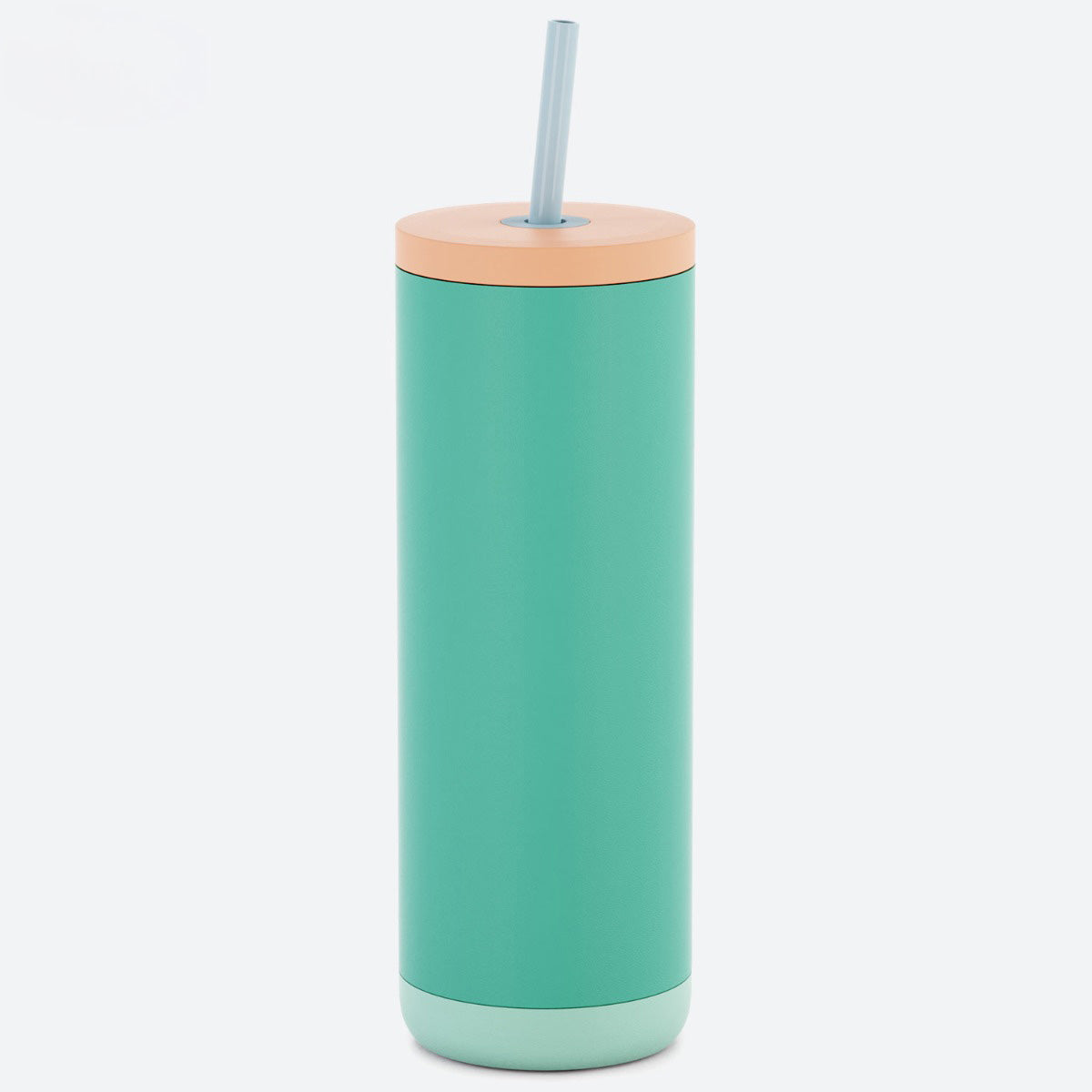 Teal tumbler with a beige lid and straw on a white background