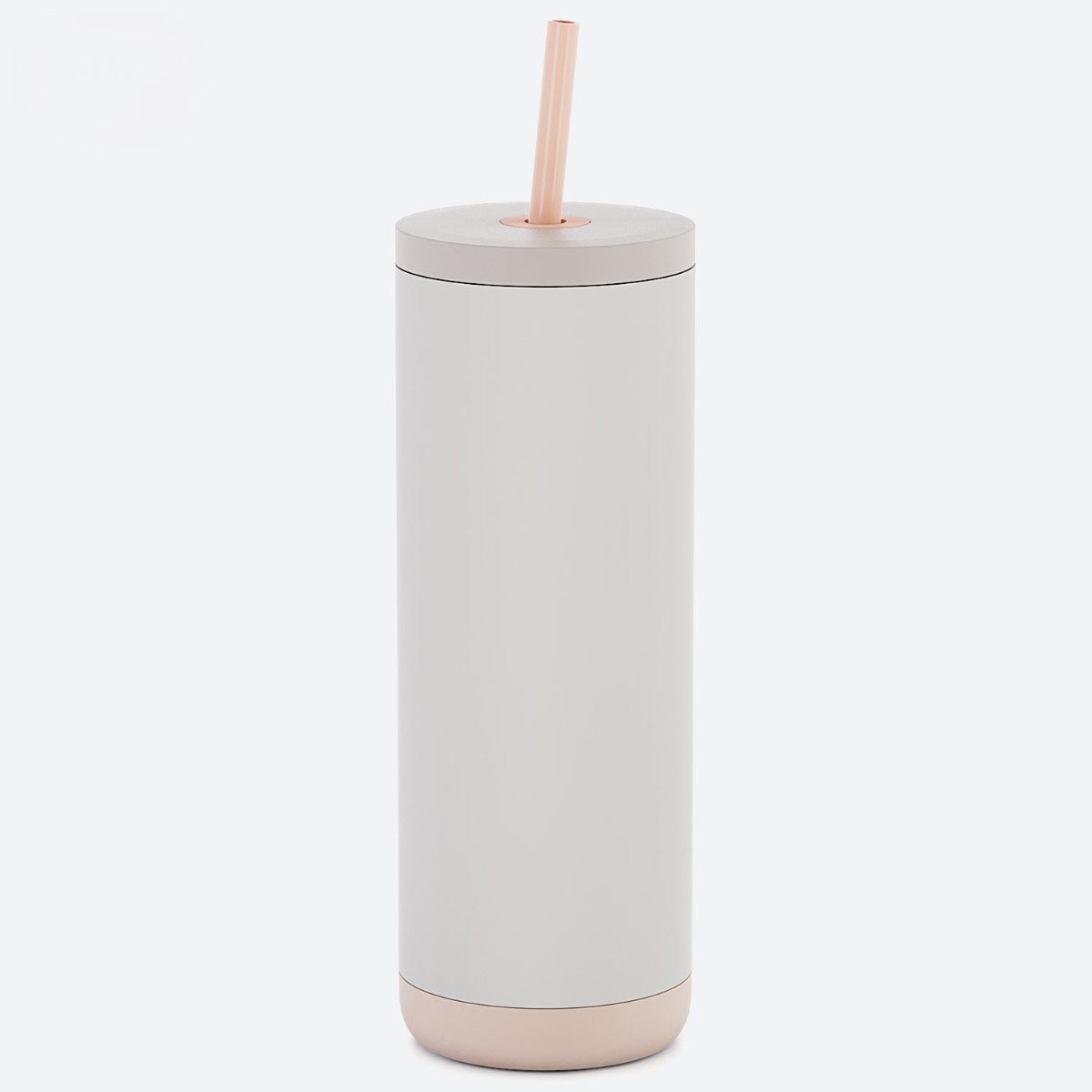 White tumbler with a beige base and straw on a white background