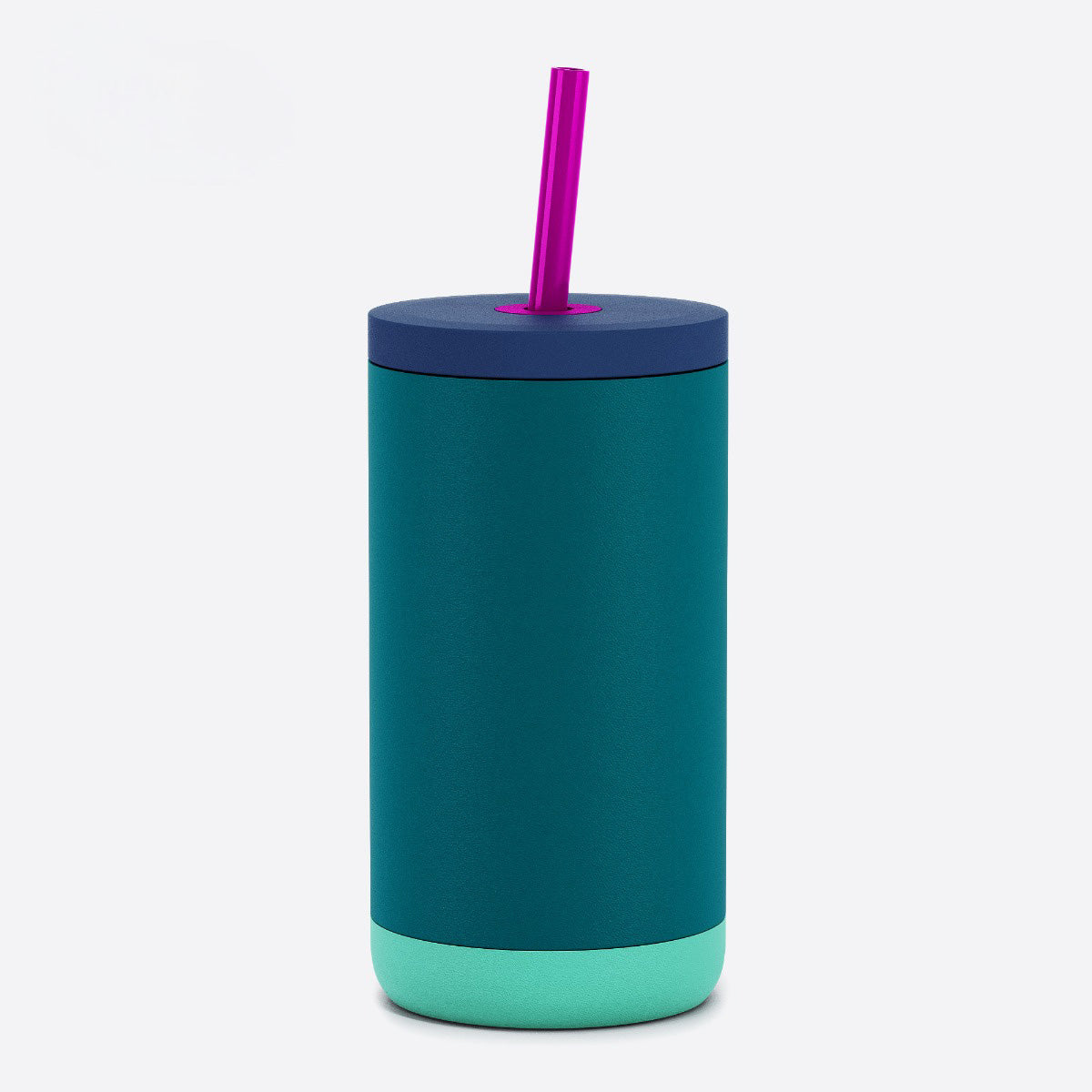 Teal tumbler with a purple straw on a white background