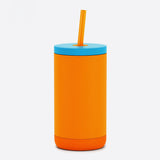 Orange tumbler with a blue lid and straw on a white background