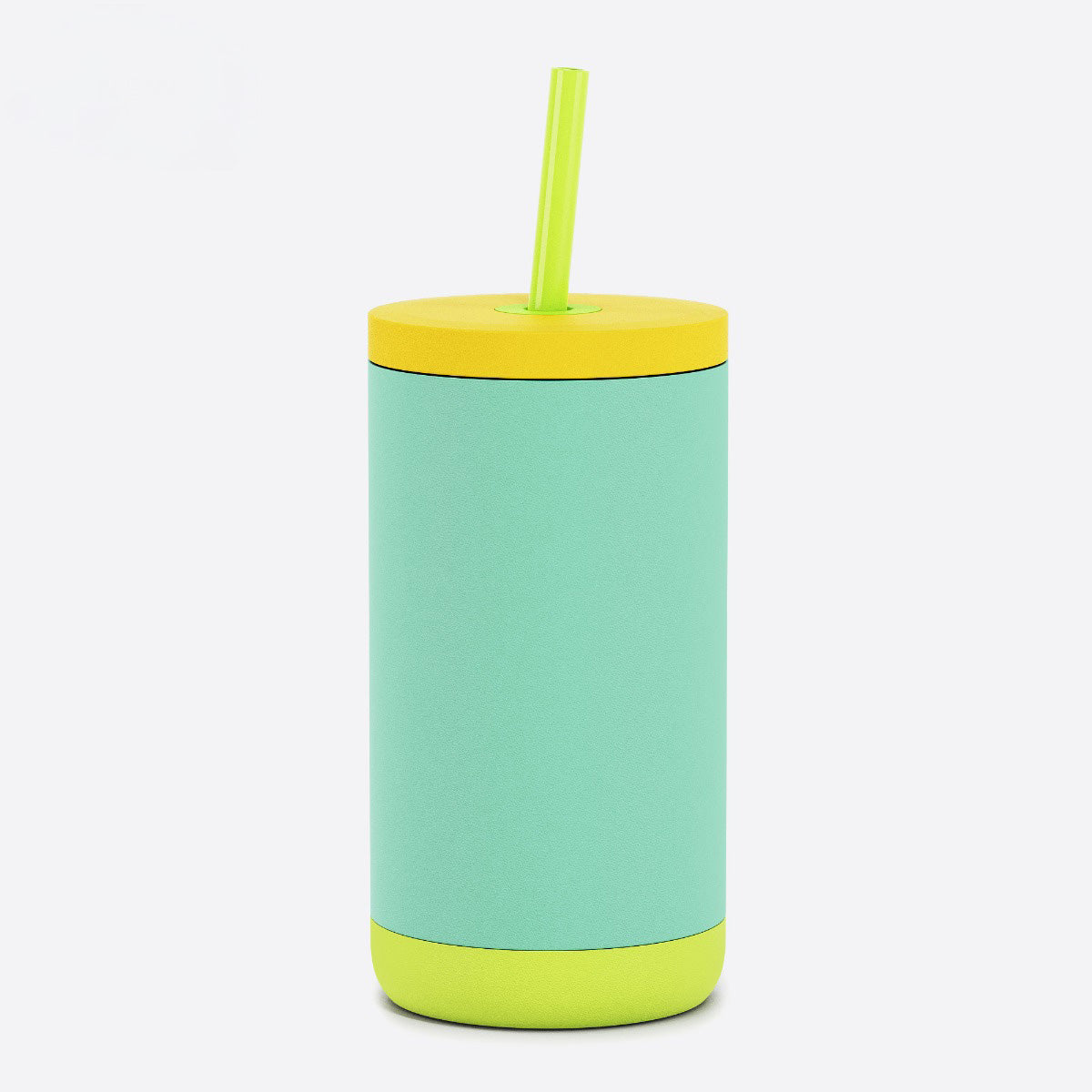 Mint green tumbler with a yellow lid and straw on a white background