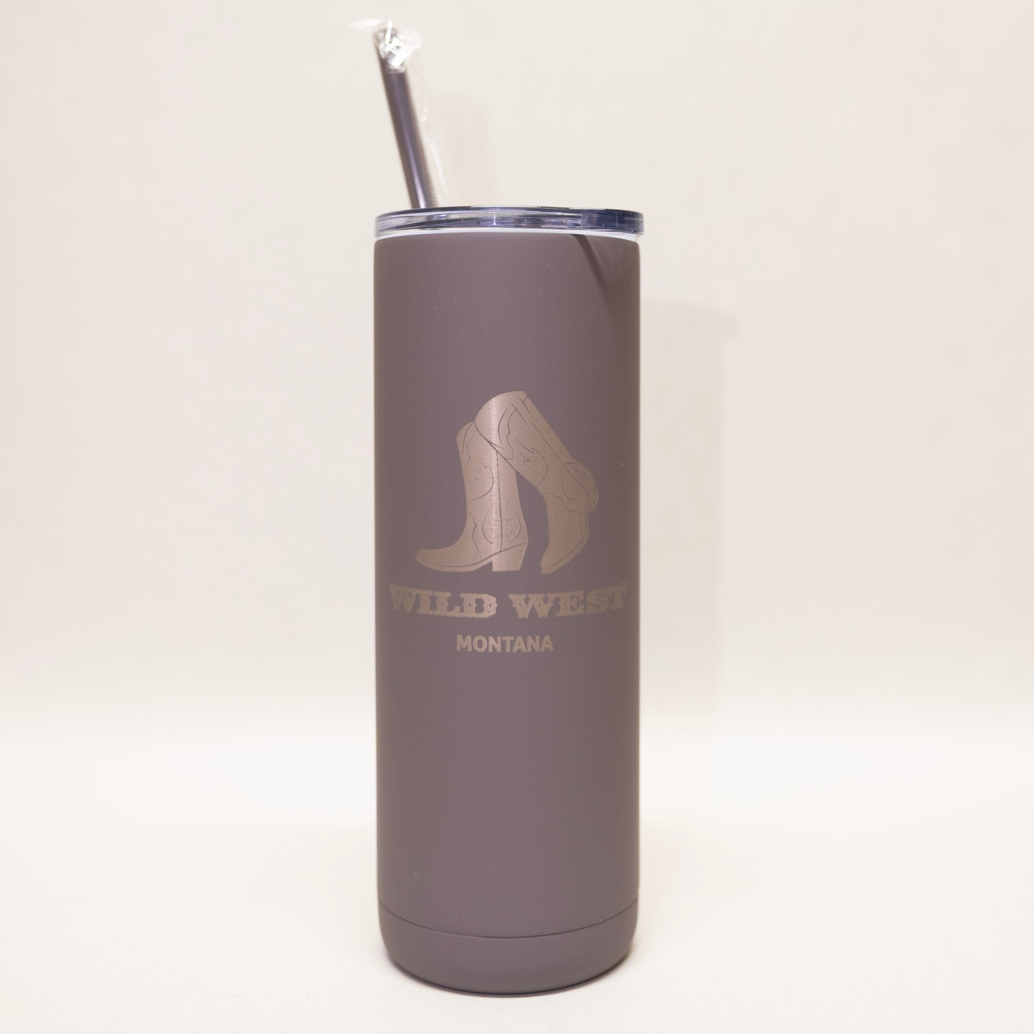 Gray tumbler with 'Wild West Montana' logo on a white background